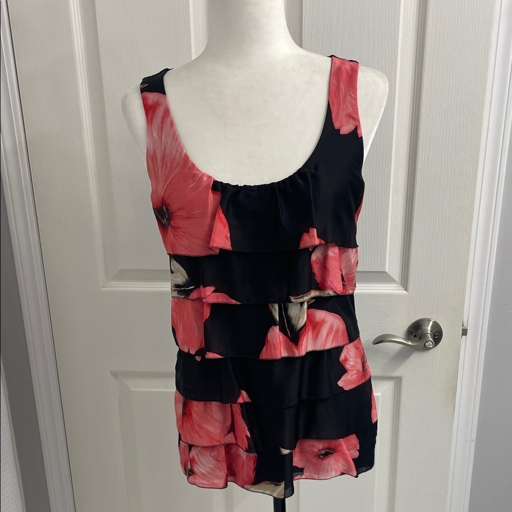 White House Black Market Black & Pink Floral Tank Top with Layered Front Size M